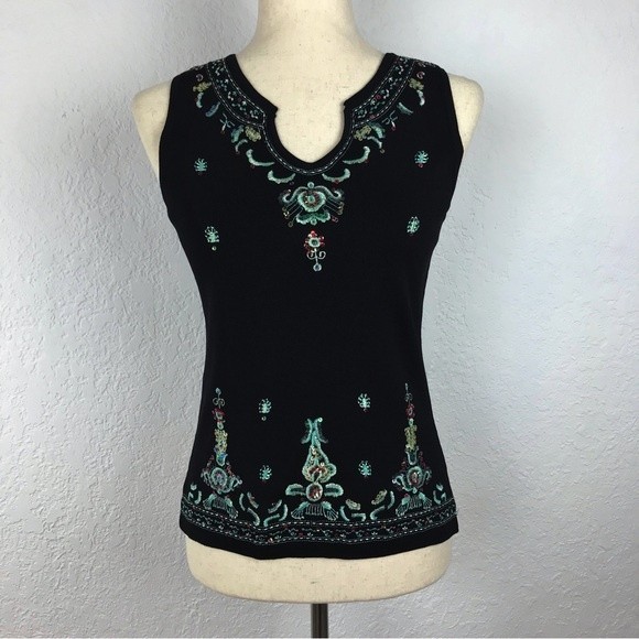 Joseph A. Vintage Black Sleeveless Blouse Embroidered Sequin Tribal Asian Y2K 90 - Picture 14 of 14